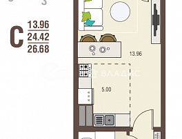 1-комнатная квартира, 26.68 м2