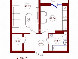 1-комнатная квартира, 41.6 м2