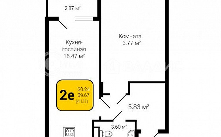 2-комнатная квартира, 41.11 м2, эт. 2, id: 812113, фото 7