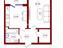 1-комнатная квартира, 42.29 м2