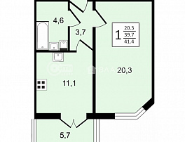 1-комнатная квартира, 41.4 м2