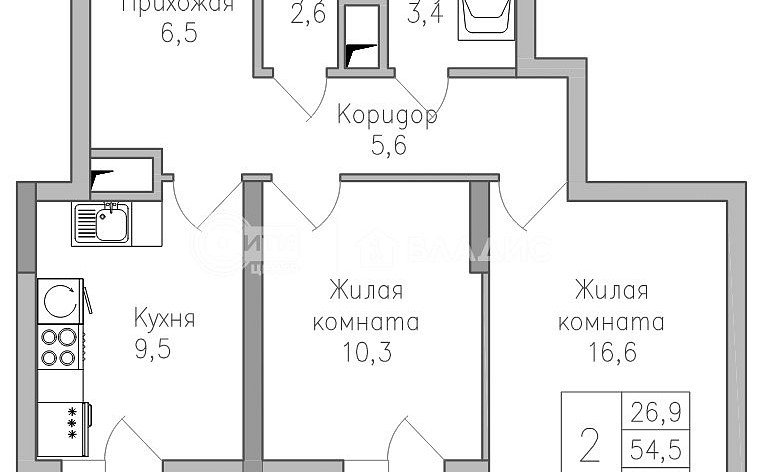 2-комнатная квартира, 57.5 м2, эт. 15, id: 1123787, фото 3