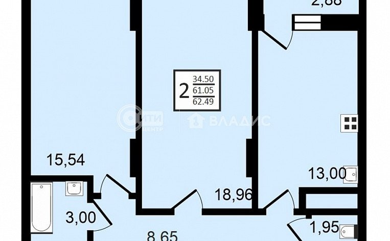 2-комнатная квартира, 62.49 м2, эт. 3, id: 758520, фото 13