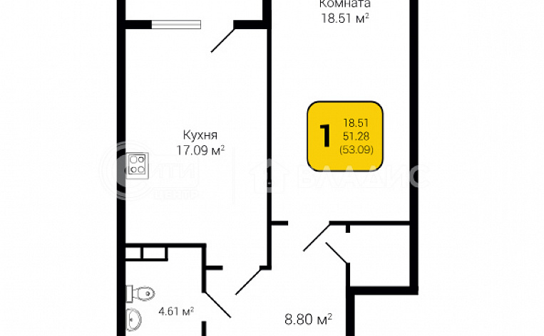 1-комнатная квартира, 53.09 м2, эт. 2, id: 801230, фото 7