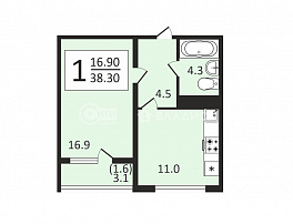 1-комнатная квартира, 38.3 м2