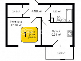 1-комнатная квартира, 36.62 м2