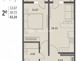 1-комнатная квартира, 43.24 м2