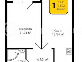 1-комнатная квартира, 39.67 м2
