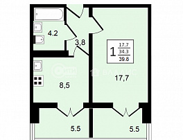 1-комнатная квартира, 39.8 м2