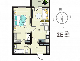 1-комнатная квартира, 42.45 м2