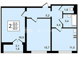 2-комнатная квартира, 60 м2