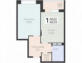 1-комнатная квартира, 48.59 м2