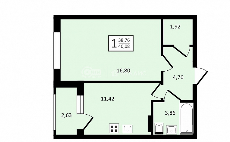 1-комнатная квартира, 40.08 м2, эт. 8, id: 753137, фото 4