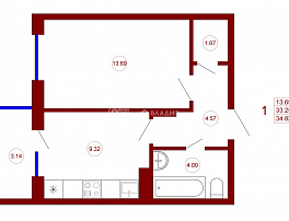 1-комнатная квартира, 34.82 м2