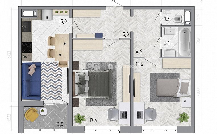 2-комнатная квартира, 62.6 м2, эт. 16, id: 825671, фото 4