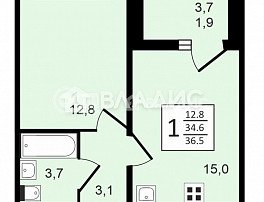 1-комнатная квартира, 36.6 м2