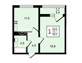 1-комнатная квартира, 38.4 м2