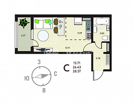 1-комнатная квартира, 28.57 м2