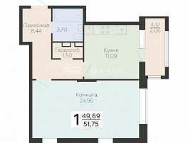 1-комнатная квартира, 51.52 м2