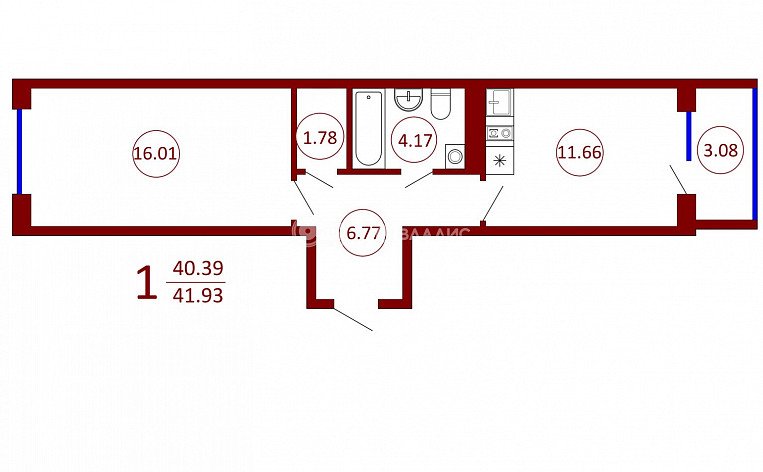 1-комнатная квартира, 41.93 м2, эт. 17, id: 945468, фото 6