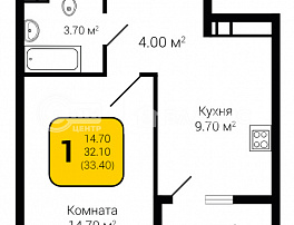 1-комнатная квартира, 33.4 м2