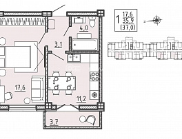 1-комнатная квартира, 37 м2