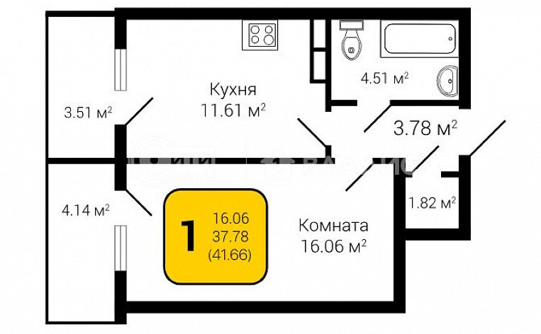 1-комнатная квартира, 41.66 м2, эт. 17, id: 1104275, фото 6
