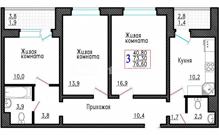3-комнатная квартира, 76.6 м2, эт. 16, id: 736865, фото 7