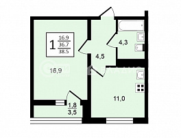 1-комнатная квартира, 38.4 м2