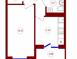 1-комнатная квартира, 35.02 м2