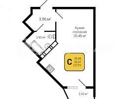 1-комнатная квартира, 27.51 м2