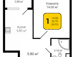 1-комнатная квартира, 34.1 м2