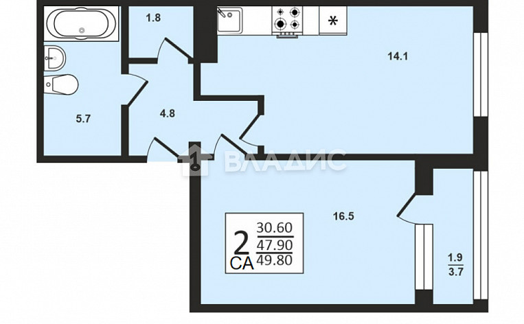 1-Комнатная квартира 49.80м², эт. 13, фото 13