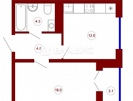 1-комнатная квартира, 40.4 м2