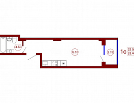 1-комнатная квартира, 23.46 м2