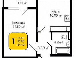 1-комнатная квартира, 34.4 м2