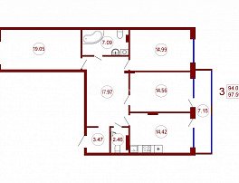 3-комнатная квартира, 97.59 м2
