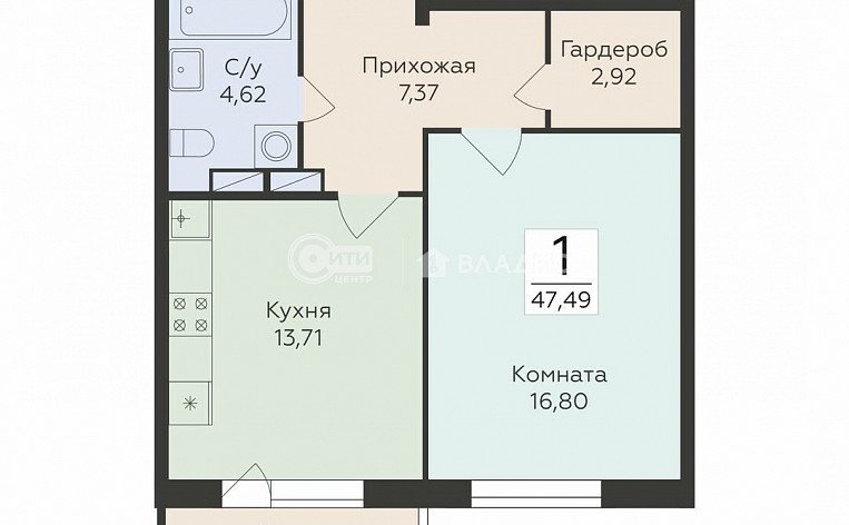 1-комнатная квартира, 47.49 м2, эт. 5, id: 1071415, фото 14
