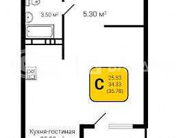 1-комнатная квартира, 35.78 м2