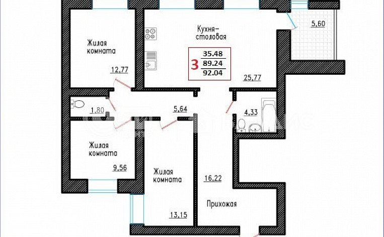 3-комнатная квартира, 92.04 м2, эт. 3, id: 735545, фото 3