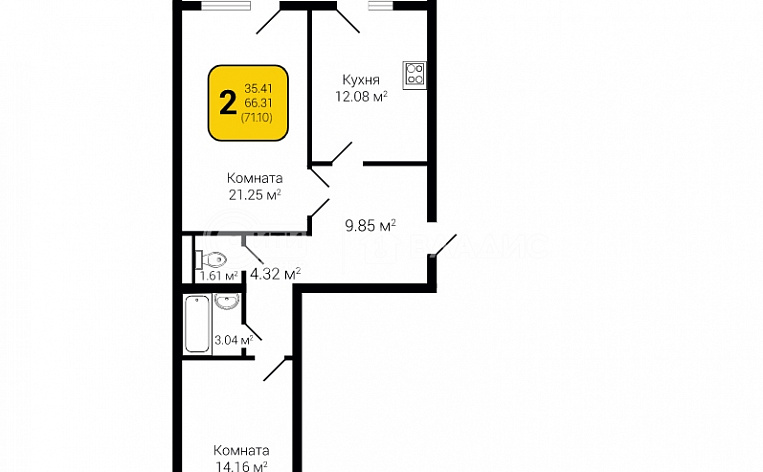 2-комнатная квартира, 71.1 м2, эт. 6, id: 756565, фото 4