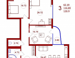 1-комнатная квартира, 120.9 м2