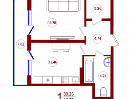 1-комнатная квартира, 42.77 м2