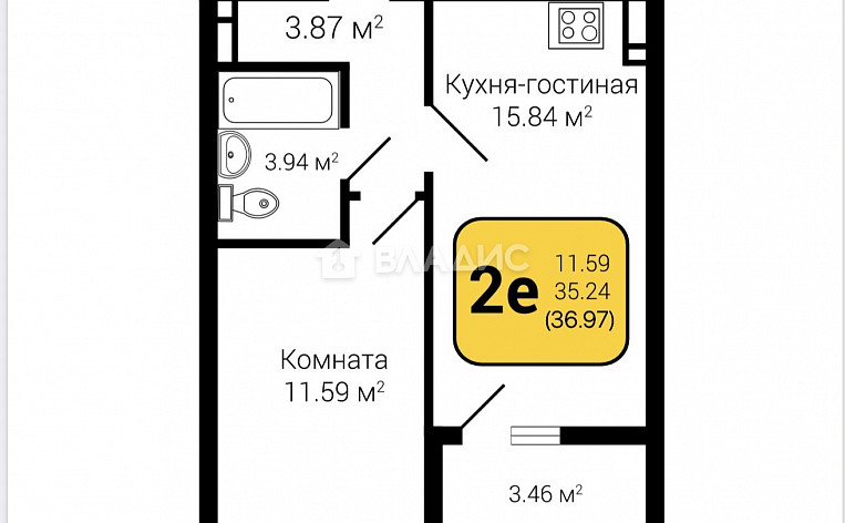 1-Комнатная квартира 37.00м², эт. 9, фото 27
