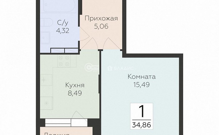 1-комнатная квартира, 34.86 м2, эт. 9, id: 1071772, фото 15