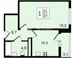 1-комнатная квартира, 42.7 м2