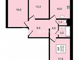 3-комнатная квартира, 77.3 м2