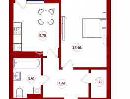 1-комнатная квартира, 38.96 м2