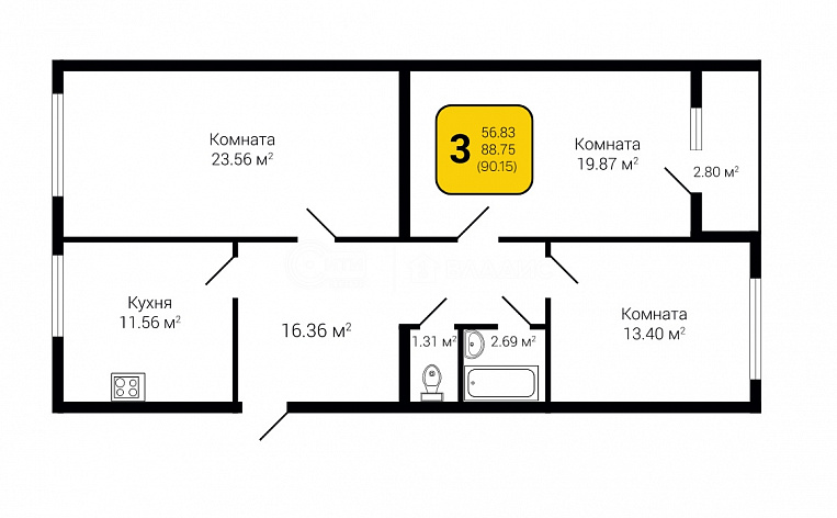 3-комнатная квартира, 90.15 м2, эт. 5, id: 756599, фото 5