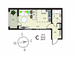 1-комнатная квартира, 28.57 м2
